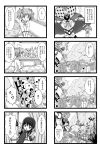  4koma :o anger_vein bed blood bottomless bullet_hole comic highres kamijou_kyousuke kaname_madoka kyubey mahou_shoujo_madoka_magica monochrome multiple_4koma nosebleed oktavia_von_seckendorff pantyhose pillow razor school_uniform shizuki_hitomi short_twintails skirt spoilers stuffed_animal stuffed_toy sword teddy_bear translated twintails untan weapon window 