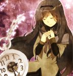  akemi_homura bad_id black_hair chain chains clock closed_eyes eyes_closed hairband hands_on_chest hands_on_own_chest hands_to_chest long_hair mahou_shoujo_madoka_magica nemotoayane pocket_watch solo watch 