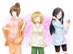  bike_shorts black_eyes black_hair blush brown_eyes brown_hair closed_eyes dressing eyes_closed flower hair_bun hair_flower hair_ornament hairdressing hanasaku_iroha japanese_clothes long_hair matsumae_ohana michigan multiple_girls open_mouth oshimizu_nako ponytail rubber_band short_hair smile t-shirt tsurugi_minko 