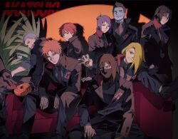  10birthday10 alternate_costume asymmetrical_bangs bad_id bad_twitter_id belt black_eyeliner black_gloves black_hair black_nails black_pants black_suit blue_eyes blue_skin collared_shirt colored_sclera colored_skin couch crossed_legs deidara_(naruto) ear_piercing earrings english_text everyone extra_mouth eyeliner face_piercing formal_clothes gloves grey_hair grin hair_bun hands_in_pockets hidan_(naruto) hoshigaki_kisame jewelry kakuzu_(naruto) konan_(naruto) looking_at_viewer low_ponytail makeup mask mouth_mask naruto_(series) naruto_shippuuden orange_hair pants piercing ponytail purple_hair red_eyes red_hair red_nails red_sclera sad sasori_(naruto) shirt short_hair smile spiky_hair spotlight stitched_arm stitches suit tobi_(naruto) uchiha_itachi uchiha_obito violet_eyes zetsu_(naruto) 
