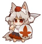  animal_ears chibi fang gurageida hat inubashiri_momiji leaf red_eyes shield silver_hair simple_background solo sword tail tokin_hat touhou weapon wolf_ears wolf_tail 