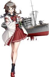  1girl akasaka_yuzu black_sailor_collar black_socks bow braid brown_hair detached_sleeves fingerless_gloves full_body glasses gloves green_eyes headgear hie_maru_(kancolle) kantai_collection low_twin_braids low_twintails official_art open_mouth pleated_skirt red_bow red_shoes red_skirt ribbon-trimmed_sleeves ribbon_trim rigging sailor_collar sailor_shirt shirt shoes skirt smile socks solo standing third-party_source transparent_background twin_braids twintails white_gloves 