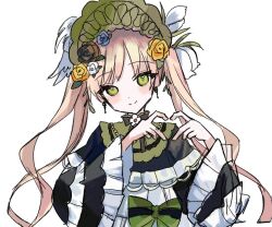 1girl black_bow black_bowtie black_capelet black_flower black_rose blonde_hair bonnet bow bow_flower bowtie capelet closed_mouth commentary_request dress flower frilled_capelet frilled_dress frilled_sleeves frills green_bonnet green_eyes hair_flower hair_ornament heart heart_hands lolita_fashion long_hair long_sleeves looking_at_viewer mahou_shoujo_no_majo_saiban musica_musica rose simple_background smile solo tono_hanna twintails upper_body white_background white_flower white_rose wide_sleeves winged_hat yellow_flower yellow_rose 