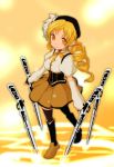  beret blonde_hair boots breasts corset detached_sleeves drill_hair gun hair_ornament hat kyouyuu magical_girl magical_musket mahou_shoujo_madoka_magica pleated_skirt puffy_sleeves rifle skirt smile solo taut_shirt thigh-highs thighhighs tomoe_mami weapon yellow_eyes 