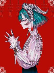  1girl aegyo_sal akiakane animal_skeleton aqua_hair arm_strap bird_skeleton black_pants bone bone_hair_ornament bow chest_harness commentary endless_knot english_commentary flower_knot from_side frown hair_ornament hairband hairclip harness high_collar highres horns jewelry long_sleeves looking_at_viewer multicolored_eyes multiple_hairclips multiple_rings original own_hands_together pants parallel_hairclips profile puffy_long_sleeves puffy_sleeves red_background ribs ring see-through_clothes see-through_sleeves short_hair simple_background solo spine standing tassel upper_body violet_eyes white_bow zipper 