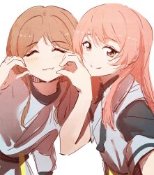  2girls :3 absurdres bang_dream! bang_dream!_it's_mygo!!!!! brown_hair chihaya_anon chinese_commentary closed_mouth commentary_request heart heart_hands heart_hands_duo highres kohinata_mika long_hair multiple_girls nagasaki_soyo photo-referenced pink_eyes pink_hair sangdingting selfie simple_background smile tateishi_rin upper_body voice_actor_connection white_background 