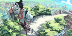  2boys artist_name bench black_hair blue_sky bridge city clouds commentary_request covered_face day fantasy fox_mask from_above hakama hand_on_own_hip hand_up high_up highres japanese_clothes long_sleeves mask multiple_boys ocean on_utility_pole original outdoors people perspective postbox_(outgoing_mail) power_lines railing red_hakama ryon40716441 sandals scenery short_hair shrine sky solo_focus standing tabi torii tree utility_pole wide_sleeves zouri 