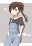  brown_eyes brown_hair casual futami_mami ice_(artist) idolmaster idolmaster_2 long_hair mouth_hold overalls side_ponytail sleeves_pushed_up 