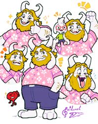 2boys arm_up artist_name asgore_dreemurr asriel_dreemurr beard blonde_hair carrying chicken_little commentary deltarune english_commentary facial_hair floppy_ears furry furry_male goat_horns green_sweater hand_in_pocket horns looking_at_another looking_at_viewer male_focus multiple_boys notice_lines open_mouth parody pink_shirt red_soul_(utdr) rei_(01_reihanehdraw) shirt shoulder_carry signature smile soul_(utdr) sparkle style_parody sweater thumbs_up utdr_(toby_fox) white_fur