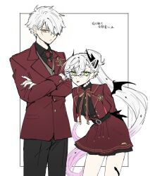  1boy 1girl body_markings cowboy_shot crossed_arms demon_girl demon_horns demon_wings fate/grand_order fate_(series) galahad_(fate) hair_over_one_eye highres horns jacket lilith_(fate) long_hair looking_at_viewer mo_(aabx315) necktie pants pointy_ears ponytail school_uniform shirt short_hair simple_background skirt tongue tongue_out white_background wings yellow_eyes 