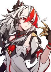  1girl black_gloves black_hair bug chinese_commentary claw_ring commentary_request diamond-shaped_pupils diamond_(shape) dragonfly dress fu_hua fu_hua_(crane_of_taixuan) gloves hair_between_eyes highres honkai_(series) honkai_impact_3rd long_hair multicolored_hair nanguatudou_dunpaigu ponytail red_hair solo streaked_hair symbol-shaped_pupils white_background white_dress white_hair yellow_pupils 