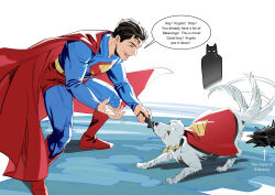  2boys bat_mask batarang batman batman_(series) black_cape black_hair blue_bodysuit bodysuit boots burn_(515123013) cape clark_kent dc_comics dog highres krypto_the_superdog multiple_boys red_boots red_cape short_hair superhero_costume superman superman_(series) superman_logo tail tail_wagging white_dog 
