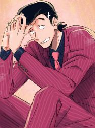  1boy black_hair commentary_request dashimaki_(konbukahamusuta) gundam gundam_tekketsu_no_orphans highres jacket male_focus necktie pants plaid_clothes plaid_shirt pompadour raised_eyebrows red_jacket red_necktie red_pants red_skirt shirt sitting skirt smile solo steepled_fingers striped_clothes striped_jacket striped_pants twitter_username vertical-striped_clothes vertical-striped_jacket vertical-striped_pants vertical-striped_suit zack_lowe 