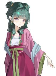  1girl blue_eyes chinese_clothes collarbone commentary dodosaae double_bun dress earrings green_hair hair_bun hanfu highres jewelry kusuriya_no_hitorigoto long_hair looking_at_viewer maomao_(kusuriya_no_hitorigoto) pink_dress pink_hanfu simple_background solo twintails untranslatable_commentary white_background 