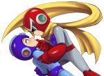  2boys blue_eyes blues_(rockman) blush capcom eye_contact helmet leaning looking_at_another male multiple_boys rockman rockman_(character) rockman_(classic) rockman_(original) sagamimok scarf simple_background yaoi 