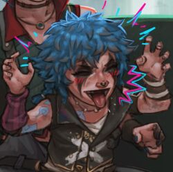  1girl 1other :d :p arcane:_league_of_legends arm_tattoo bare_shoulders black_vest blue_hair child claw_pose cloud_tattoo hands_up happy jinx_(league) league_of_legends nail_polish open_mouth powder_(arcane) short_hair smile starlyve tattoo tongue tongue_out vest 