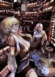  2girls arm_warmers balcony blonde_hair breasts cleavage food green_eyes highres horn hoshiguma_yuugi kurodani_yamame lantern long_hair mizuhashi_parsee multiple_girls nanatsuki_sousuke pointy_ears red_eyes sake scenery short_hair sitting touhou 