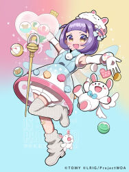  1girl :d bare_shoulders blue_background blue_dress blunt_bangs blush character_request commentary_request dress elbow_gloves full_body gloves gradient_background highres kei_s01 looking_at_viewer open_mouth outstretched_arms pink_background purple_hair shoes short_hair shorts shorts_under_dress sleeveless sleeveless_dress smile solo spread_arms standing standing_on_one_leg stuffed_animal stuffed_rabbit stuffed_toy thigh-highs v-shaped_eyebrows white_gloves white_shoes white_shorts white_thighhighs wixoss yellow_background yellow_eyes 