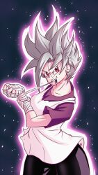  1girl absurdres aura bandaged_arm bandaged_hand bandages bike_shorts biting biting_clothes black_background breasts clenched_teeth closed_mouth collarbone creative_signature dragon_ball dragon_ball_z eyelashes fighting_stance from_below gradient_background grey_hair hair_around_ear highres injury jimbeckman1205 long_eyelashes long_hair looking_at_viewer looking_back medium_breasts parted_bangs patreon_logo patreon_username purple_aura purple_shirt red_eyes serious shirt sidelocks signature smile solo sparks spiky_hair sternocleidomastoid_muscle t-shirt tank_top tank_top_over_shirt teeth torn_clothes torn_shirt torn_tank_top videl white_tank_top 