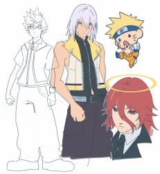  4boys angel_devil_(chainsaw_man) aqua_eyes bare_arms black_jacket black_necktie black_pants black_vest blonde_hair blue_headband chainsaw_man chibi closed_mouth collared_shirt cowboy_shot facial_mark full_body grey_hair hair_between_eyes halo headband highres jacket jumpsuit kingdom_hearts kingdom_hearts_ii konohagakure_symbol long_hair male_focus multiple_boys naruto_(classic) naruto_(series) necktie orange_jumpsuit outstretched_hand paii810 pants red_eyes red_hair riku_(kingdom_hearts) roxas shirt short_hair sketch spiky_hair standing traditional_halo upper_body uzumaki_naruto vest whisker_markings white_background white_shirt yellow_vest 