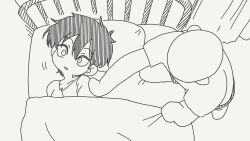  1boy 1girl bed bedroom commentary_request from_above hair_between_eyes high_contrast highres horideiyasumi indoors monochrome original parted_lips pillow pushing_away short_hair tomboy under_covers 