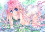  bent_over blue_eyes breasts color_ink_(medium) colored_eyelashes down_blouse dress eyelashes flower hair_flower hair_ornament lily_pad long_hair original pink_hair see-through shinonome86 solo strap_slip submerged traditional_media wet_clothes 