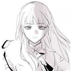  1girl absurdres ascot blazer blunt_bangs bow bowtie cape chinese_commentary closed_mouth collared_shirt commentary_request crossdressing crossdressing_(ftm) dot_nose eyelashes eyes_visible_through_hair formal_clothes fur-trimmed_cape fur_trim greyscale hair_half_over_shoulder happy high_collar highres jacket light_smile long_hair long_sidelocks long_sleeves looking_at_viewer monochrome nikki_(nikki) nikki_(series) nikki_(tuxedo)_(shining_nikki) official_alternate_costume shining_nikki shirt side_cape sidelocks simple_background solo straight-on tuxedo upper_body white_background wo_xiang_buchu_mingzi 