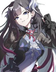  1girl absurdres adapted_costume asiri_senpai black_gloves black_hair blue_eyes breasts colored_inner_hair commission commissioner_upload earrings gloves gradient_hair grin hair_ornament hand_in_own_hair hand_up head_tilt highres honkai:_star_rail honkai_(series) hysilens_(honkai:_star_rail) jewelry long_hair long_sleeves looking_at_viewer medium_breasts multicolored_hair purple_hair simple_background small_breasts smile solo upper_body very_long_hair white_background 