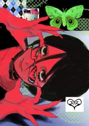 1girl black_collar black_hair black_shirt brown_eyes bug butterfly cameo collar colored_skin commentary fingernails glasses gomi_beya green_butterfly hair_between_eyes heart hello_kitty hello_kitty_(character) highres lips long_bangs original parted_bangs portrait red_skin removing_eyewear sanrio sharp_fingernails shirt short_hair sideways smile solo untranslatable_commentary 