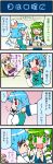  4koma artist_self-insert blonde_hair blue_eyes blue_hair comic detached_sleeves food frog green_eyes green_hair hair_ornament hat head_bump heterochromia highres kochiya_sanae long_hair mizuki_hitoshi multiple_girls noodles potato purple_eyes red_eyes short_hair snake symbol-shaped_pupils tatara_kogasa text_in_eyes touhou translated translation_request yakumo_yukari 