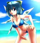  adult beach bikini blue_eyes blue_hair breasts cirno cleavage large_breasts leaning_forward navel short_hair solo swimsuit tongue touhou tyourou_god underboob wings â‘¨ 