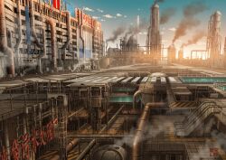  absurdly_detailed_composition blue_sky chain-link_fence clouds commentary_request complex_exterior day escalator factory fence highres industrial industrial_pipe no_humans original outdoors scenery sky smoke smokestack steam sunlight tokyogenso 