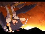  aoi_(annbi) arms_behind_head black_hair flying hat letterboxed looking_at_viewer mountain red_eyes shameimaru_aya shanghai_doll short_hair smile solo sunset tokin_hat touhou upside-down wings 