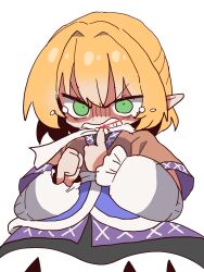  1girl biting biting_own_finger biting_own_thumb blonde_hair blood brown_shirt commentary detached_sleeves green_eyes hair_between_eyes highres jealous korean_commentary magg_(user_mtca8588) medium_hair mizuhashi_parsee partially_shaded_face pointy_ears shirt skirt solo tearing_up touhou upper_body white_background 