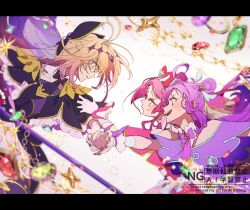  3girls ahoge akechi_anna antenna_hair aoi_tete black_bow black_bowtie black_capelet black_dress blonde_hair bow bowtie braid brooch capelet cure_answer cure_arcana_shadow cure_mystique diamond_hairband double_bun dress fingerless_gloves frilled_capelet frills gem gloves gradient_hair green_gem hair_bow hair_bun hair_intakes half_up_braid hand_grab hand_on_another's_shoulder heart heart_brooch highres jewelry kobayashi_mikuru letterboxed long_hair looking_at_another magical_girl meitantei_precure! moria_luluka multicolored_hair multiple_girls nail_polish pink_capelet pink_dress pink_hair pink_ribbon precure purple_bow purple_bowtie purple_capelet purple_dress purple_gem purple_hair purple_nails purple_veil red_bow red_gem ribbon tear_arcana_rod two-tone_hair veil white_gloves wrist_ribbon yellow_gem 