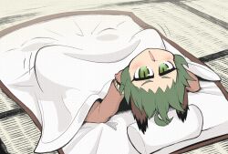  1girl ahoge animal_ears blush commentary cross-laced_clothes daniel_renard dog_ears english_text fang futon green_eyes green_hair kasodani_kyouko long_legs looking_at_viewer lying mixed-language_commentary on_back open_mouth pillow short_hair slit_pupils solo spread_legs tatami touhou 