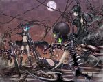  bikini_top black_hair black_rock_shooter black_rock_shooter_(character) blue_eyes boots chain chains checkered coat dead_master glowing glowing_eyes green_eyes highres horns long_hair maazyu midriff multiple_girls navel scar shorts sword twintails very_long_hair weapon 