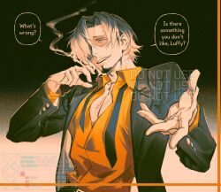  1boy black_necktie blonde_hair cigarette curly_eyebrows english_text facial_hair goatee hair_over_one_eye holding holding_cigarette male_focus mustache_stubble necktie one_piece sanji_(one_piece) smoking solo striped_clothes striped_necktie stubble xx_xx_art 