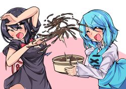  2girls :d asymmetrical_wings black_dress black_hair blue_hair blue_skirt blue_vest blue_wings blush bow bowl bowtie chocolate_fondue closed_eyes commentary_request dress grey_shirt highres holding holding_bowl houjuu_nue juliet_sleeves long_sleeves multiple_girls open_mouth pink_background pointy_ears puffy_sleeves red_bow red_bowtie red_wings shirt short_hair skirt smile spilling sylphidehachioji tatara_kogasa touhou two-tone_background upper_body vest white_background wings 