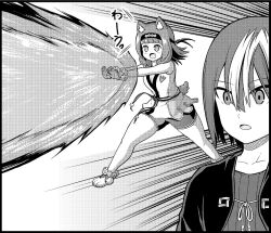  1boy 1girl animal_ear_fluff animal_ears arched_bangs bike_shorts blush breasts commentary_request dog_girl dog_tail dougi energy_beam fang futoku_no_guild gloves greyscale hair_between_eyes hair_over_shoulder hitamu_kyan karate_gi kikuru_madan large_breasts magyo medium_hair monochrome motion_lines official_art open_mouth raccoon_ears shirt short_hair sidelocks speed_lines standing tail thighs v-shaped_eyebrows 