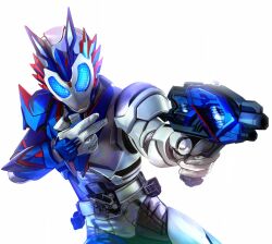  1boy a.i.m.s._shotriser animification commentary_request compound_eyes cowboy_shot gun hands_up holding holding_gun holding_weapon kamen_rider kamen_rider_01_(series) kamen_rider_vulcan kamen_rider_vulcan_(shooting_wolf) masukudo_(hamamoto_hikaru) outstretched_arm simple_background solo tokusatsu weapon white_background 