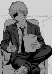  1boy chainsaw_man denji_(chainsaw_man) dress_shirt eyepatch figure_four_sitting food greyscale highres jacket male_focus mekill215280 monochrome movie_theater necktie open_collar popcorn shirt shirt_tucked_in short_hair sitting solo suit_jacket suit_pants theater_seating watching_movie 