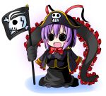  &gt;:) &gt;:d :d blush blush_stickers chibi crossed_arms flag frills hat ichimi jacket_on_shoulders nagae_iku o_o open_mouth pirate pirate_hat purple_hair shawl short_hair skull_and_crossbones smile solid_circle_eyes solo standing touhou 
