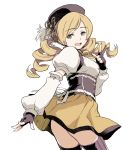  ass beret blonde_hair detached_sleeves drill_hair fingerless_gloves gloves hat looking_back mahou_shoujo_madoka_magica minato_fumi no_panties open_mouth puffy_sleeves simple_background smile solo thigh-highs thighhighs tomoe_mami twin_drills yellow_eyes 