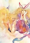  bad_id bow campanula-star chin_rest hand_on_thigh hat hat_bow smile smirk solo touhou traditional_media watercolor_(medium) yakumo_yukari 