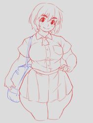  1girl absurdres alternate_breast_size_(larger) ayase_fuuka bag blue_lineart breast_pocket breasts cowboy_shot cropped_legs curvy dress_shirt fatter_than_canon hayabusart highres large_breasts legs_together lineart looking_at_viewer miniskirt no_pupils pleated_skirt pocket red_lineart shirt shirt_tucked_in short_hair short_sleeves shoulder_bag simple_background sketch skirt smile solo standing straight-on straight_hair thick_thighs thighs white_background wide_hips yotsubato! 