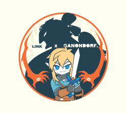  2boys black_gloves blue_eyes blue_tunic border brown_hair character_name ganondorf gloves hair_between_eyes highres holding holding_sword holding_weapon link looking_at_viewer male_focus multiple_boys round_border short_hair sword the_legend_of_zelda the_legend_of_zelda:_breath_of_the_wild tsunamio7 tunic weapon 