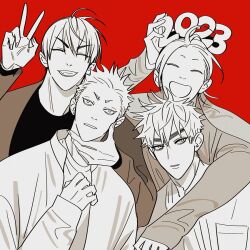  19_tian 2023 4boys arm_on_another's_shoulder chinese_commentary closed_mouth commentary_request earrings facing_viewer fang fingernails greyscale_with_colored_background grin hand_on_another's_neck he_tian jewelry jian_yi looking_at_viewer male_focus mo_guan_shan multiple_boys old_xian open_mouth red_background shirt short_hair simple_background smile upper_body v zhan_zheng_xi 