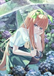  1girl absurdres animal_ears black_pantyhose blue_eyes blunt_bangs blush breasts casual closed_mouth collarbone ear_covers febry flower green_skirt hairband highres hime_cut holding holding_umbrella horse_ears horse_girl horse_tail long_hair orange_hair orange_tail outdoors pantyhose rain shirt short_sleeves silence_suzuka_(casual)_(umamusume) silence_suzuka_(umamusume) skirt small_breasts solo tail umamusume umbrella white_hairband white_shirt 
