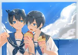  2boys artist_name bird blue_eyes blue_sky brothers ciel_phantomhive ciel_phantomhive's_brother clouds commentary_request crepe earrings eating eyepatch eyewear_on_head food highres holding holding_crepe holding_food jewelry kuroshitsuji male_focus medical_eyepatch multiple_boys ocean open_mouth partially_bordered sailor_collar seagull sekuji shirt short_hair siblings sky stud_earrings sunglasses upper_body white_shirt 